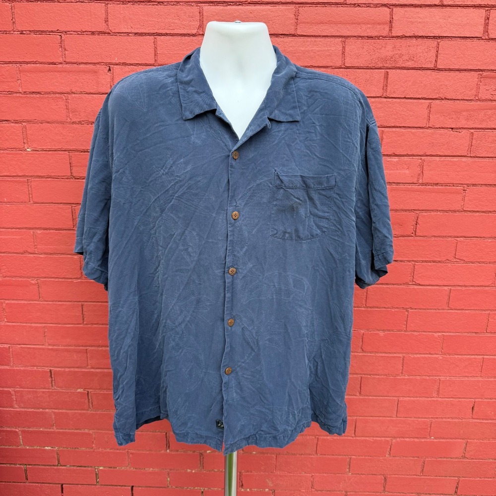 Tommy Bahama Mens Silk Camp Shirt Blue Textured Palm Leaf Print Short Sleeve XXL